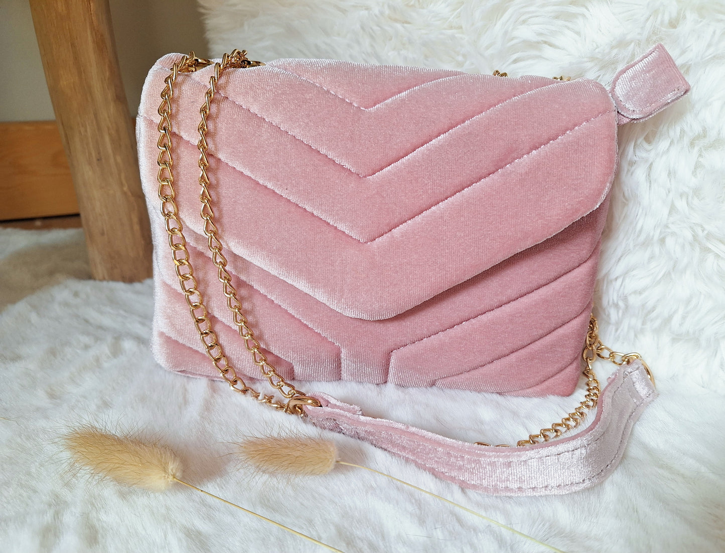 Sac bandoulière en velours | Rose foncé
